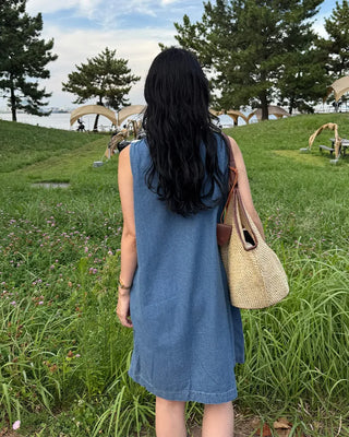 Round neck denim midi dress