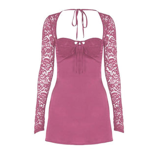 Long sleeve lace knotted ruched solid mini dress