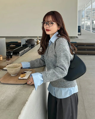 Shirt-layered loose-fit knit