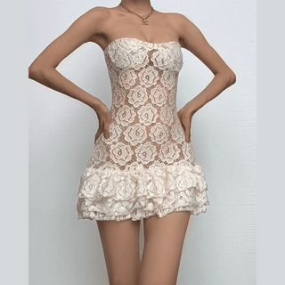 Lace ruffle sweetheart neck tube mini dress