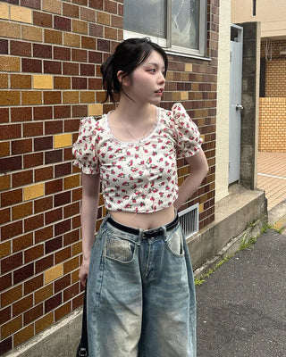 Flower Button Cropped T-Shirt