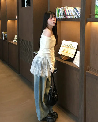 Off-shoulder knit frill camisole set