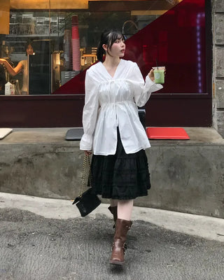 Drawstring Long Puff Sleeve Blouse