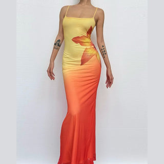 U neck gradient flower print cami maxi dress