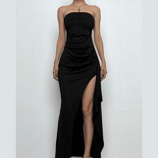 Ruched high slit irregular ruffle tube maxi dress-final-sale