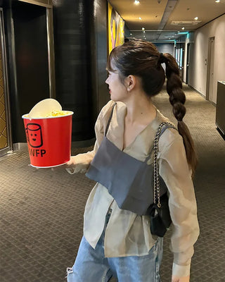 See-through balloon button blouse