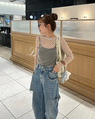 Polka Dot See-Through Long Sleeve T-Shirt