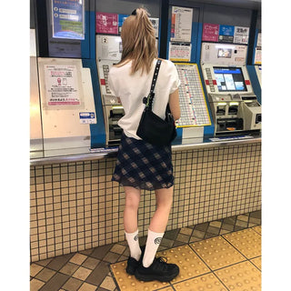 Checkered elastic waist mini skirt