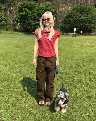 Checked shirred short-sleeved blouse