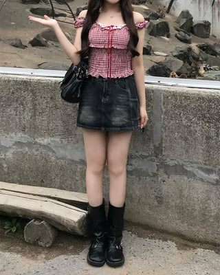 Checked ribbon top blouse