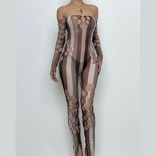 Long sleeve off shoulder hollow out ruffle jumpsuit