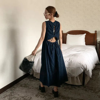 Back Shirred Open Denim Dress