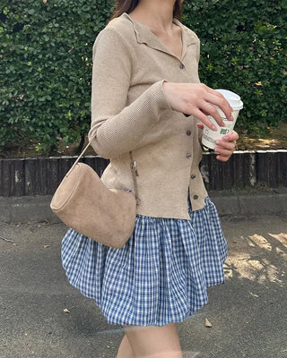 Belted check balloon mini skirt