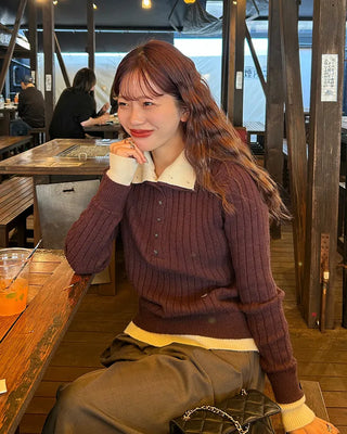 High-neck layered button knit