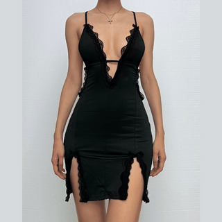 Deep v neck cross front lace hem backless cami mini dress