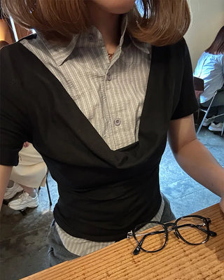 Drape neck layered short-sleeved shirt