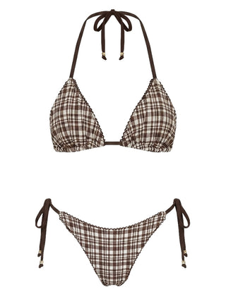 Glora Tie Side Ribbed Bikini Bottom Brown Check