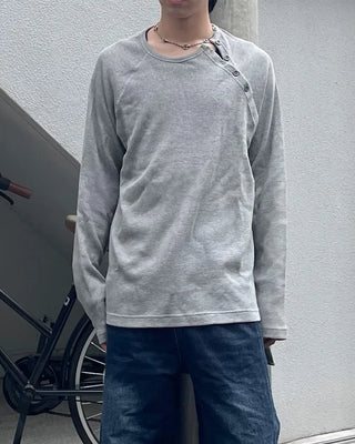 Asymmetrical slit button long T-shirt