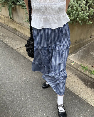 Checked tiered long skirt