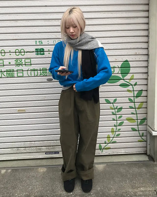 Elastic waistband, two-pleat wide-leg pants