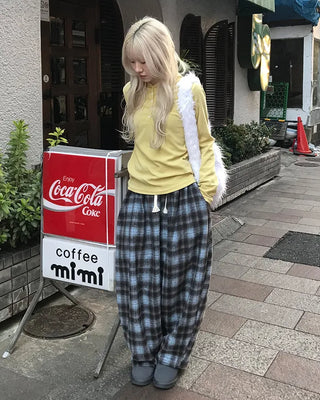 Checked wide-leg pants with string waistband