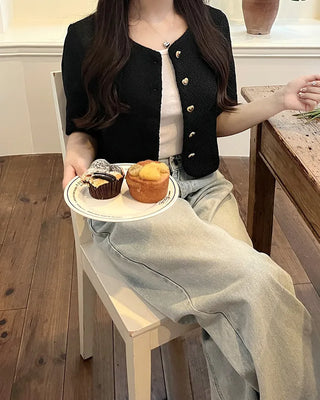 Heart gold button short-sleeved tweed jacket