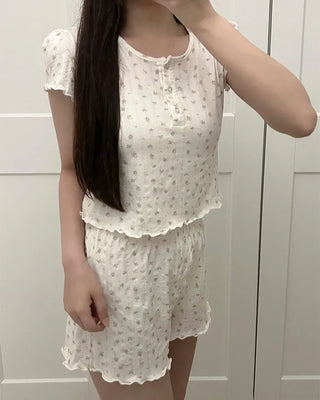Flower Henley Neck Scallop Short Sleeve Shirt & Pants Set