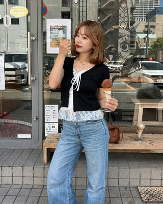 Lace-layered short-sleeved cardigan