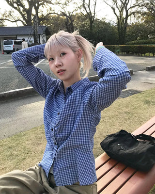 Checked gathered crop shirt
