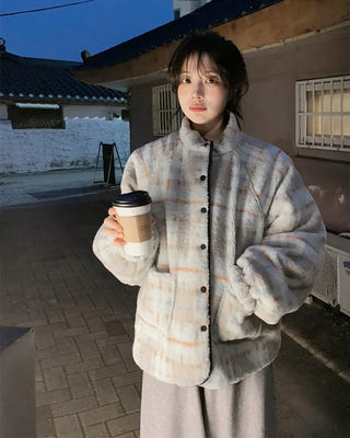 Down jacket x fleece reversible high-neck jacket