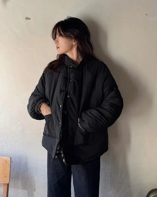 Down jacket x fleece reversible high-neck jacket