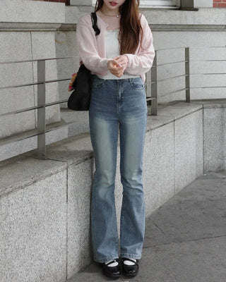 Washed denim bootcut pants