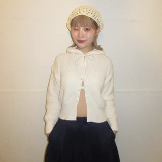 Cropped knit hoodie cardigan