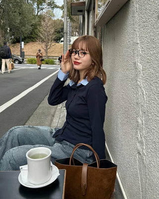 Shirt-layered button cardigan