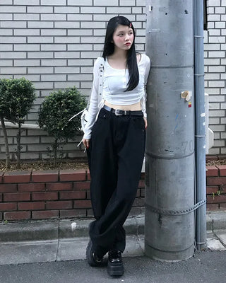 Jewel Neck Drawstring Crop T-Shirt