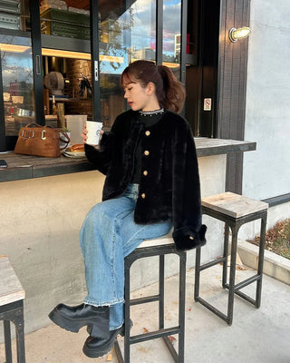 Gold button fur jacket