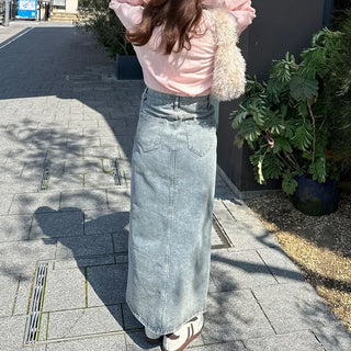 Slit Washed Denim Long Skirt
