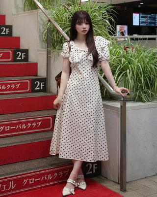 Polka Dot Puff Sleeve Long Dress