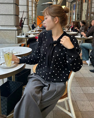 Polka Dot Ribbon Tie Knit Cardigan