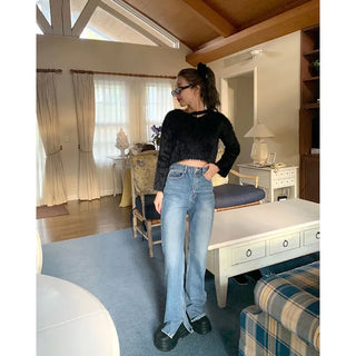 Flared slit denim pants
