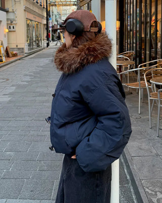 Button-up hooded fur padded jacket