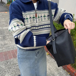 Patterned Half-Zip Knit Sweater