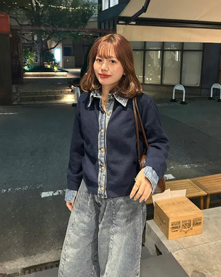 Denim-colored neck knit cardigan
