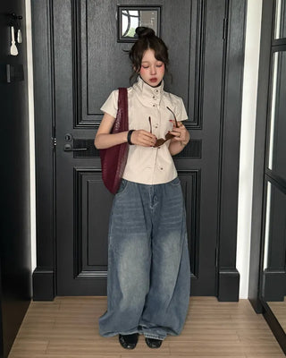 Cap-sleeve button-up high-neck blouse