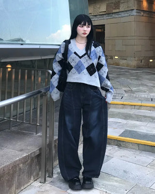 Hip-stitch washed denim pants