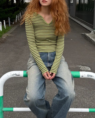 Keyhole neckline striped long-sleeve knit
