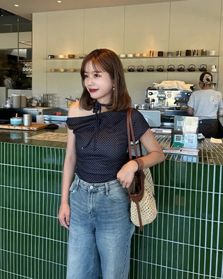 Boat neck polka dot ribbon blouse