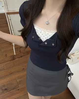 Button-down U-neck short-sleeved T-shirt
