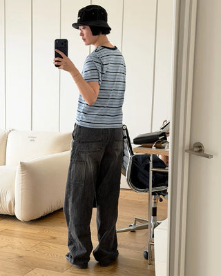 Semi-cropped border short-sleeved T-shirt
