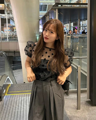 Sheer polka dot puff sleeve blouse